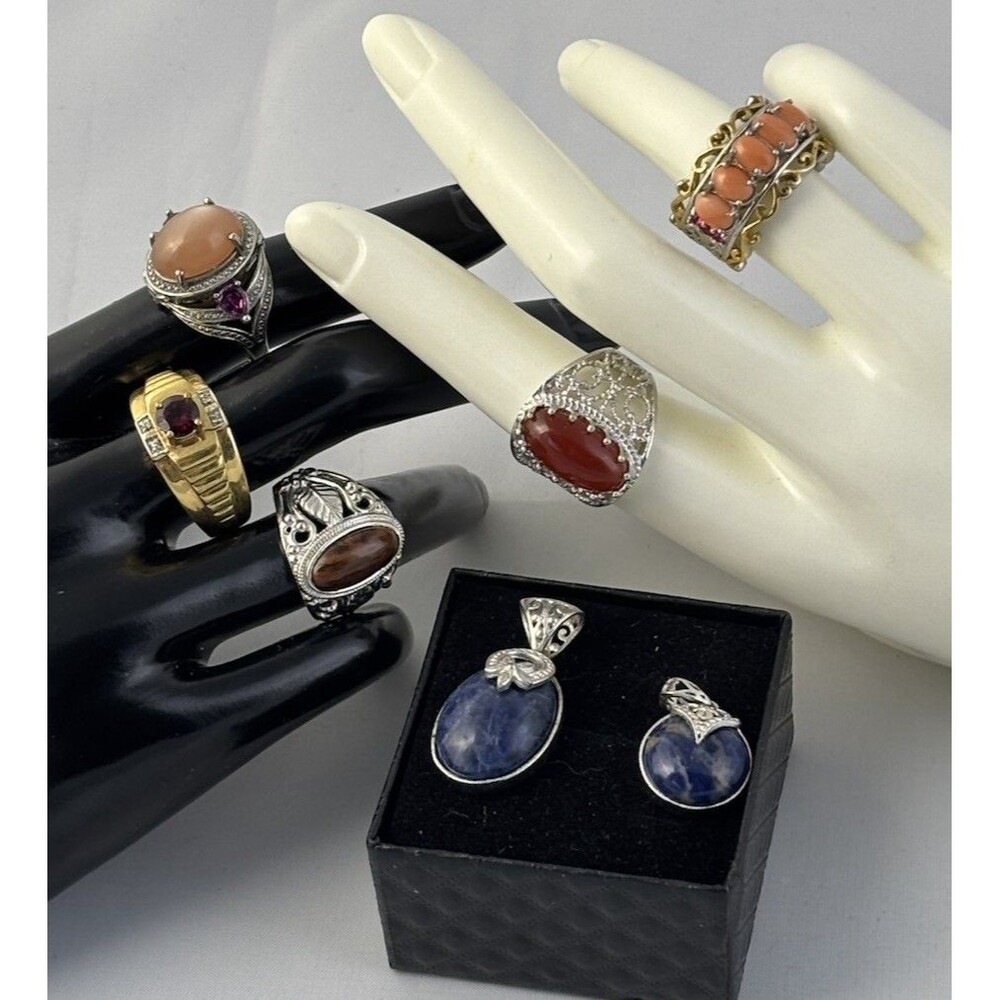 KARIS STS Lot Assorted Gemstones 5 Rings + 2 Pendants Gold Bond & Platinum Bond